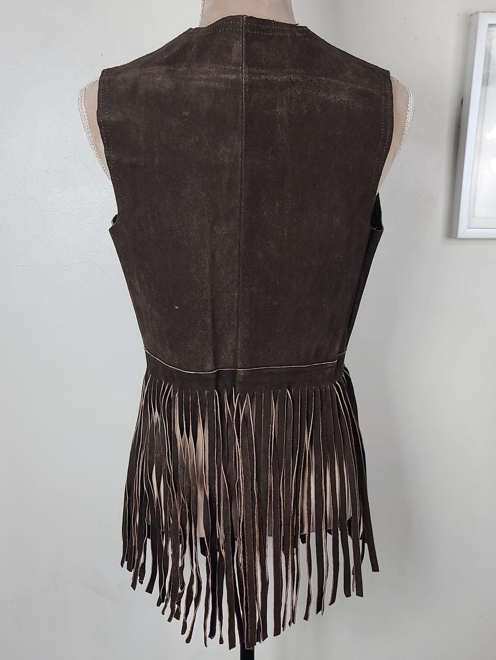 Vtg 70s Brown Suede Leather Boho Hippie Western Cowgirl Rodeo Fringe Vest S - Picture 3 of 15